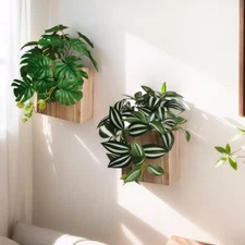 Natural Wood Wall Planter Vase, Artificial Plants, Small Hanging Greenery Decor