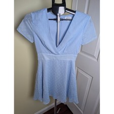 Superdown Bree Mini Dress Womens S Blue Swiss Dot Metallic V-Neck Fit & Flare