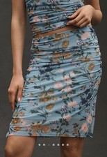 Anthropologie Maeve Printed Mesh Knee-Length Skirt Sz XL Blue Floral Fairy