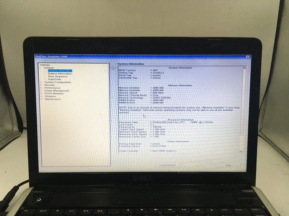DELL INSPIRON 1440 - BOOTS TO BIOS - INTEL T4400 - 4GB RAM - NO OS -READ DESC-BB - Image 2 of 4