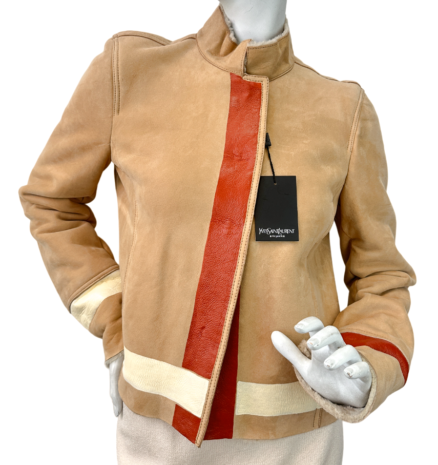 Giacca in pelle scamosciata YSL YVES SAINT LAURENT nuova con etichette 38 6 beige rosso bianco dipinto a righe