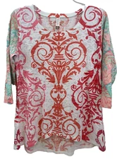 WHIMSY ROSE for Sundance Top Size M Fleur De Lis Waffle Weave Floral Sleeves