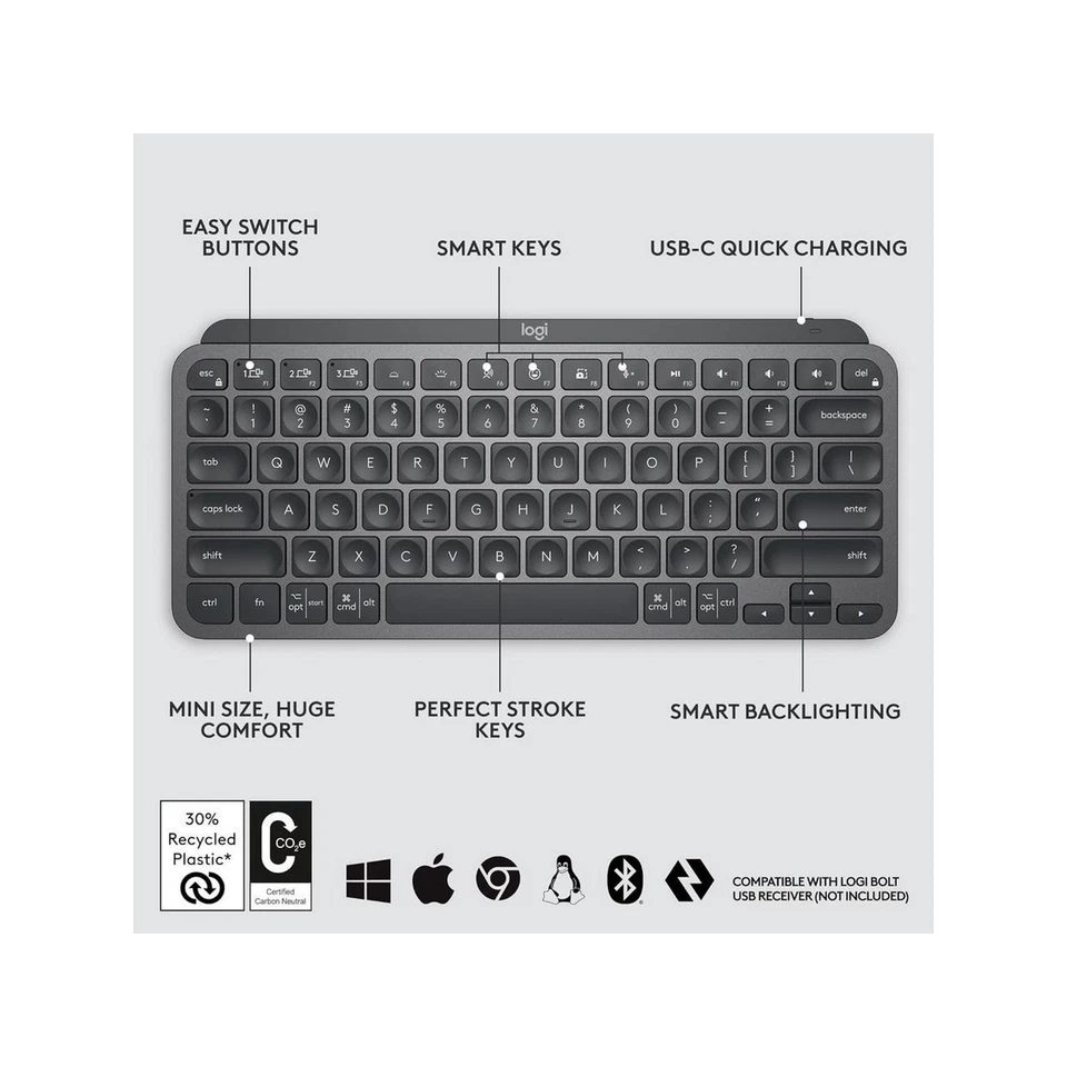 Logitech MX Keys Mini Teclado Inalámbrico, Retroiluminado, Recargable - Grafito Global Foto 2 de 4
