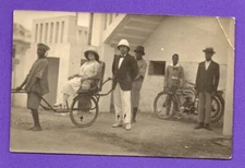 Rickshaw AND PEOPLE, MOTORCYCLE Harley Davidson VINTAGE PHOTO POSTCARD 456