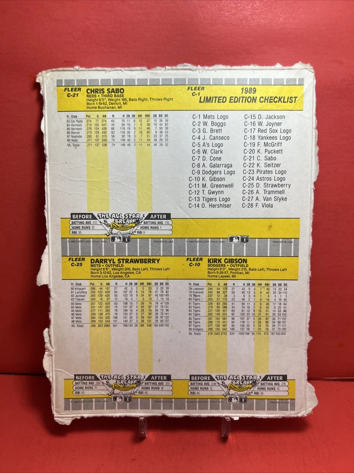 1989 Fleer Box Bottom Full Panels Chris Sabo/Kirk Gibson/Darryl Strawberry VG🦄 - Image 2 of 2