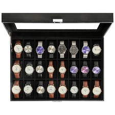 24 Slots Watch Case Box PU Leather Glass Lid Jewelry Organizer Display Case Gift
