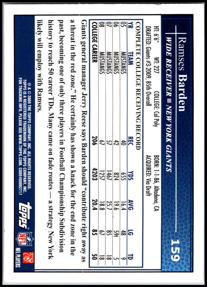2009 Topps Kickoff ROOKIE RC #159 Ramses Barden FREE SHIPPING! - Image 2 of 2
