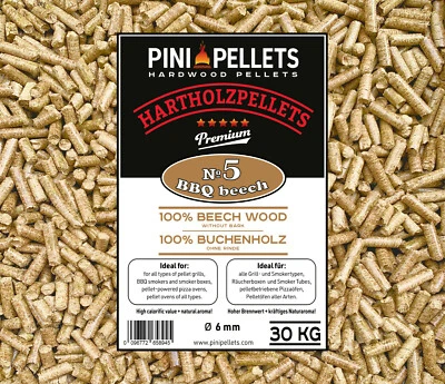 PINI Hartholz Pellets 100% Buche №5 BBQ 30 Kg zum Grillen Räuchern Smoken Heizen
