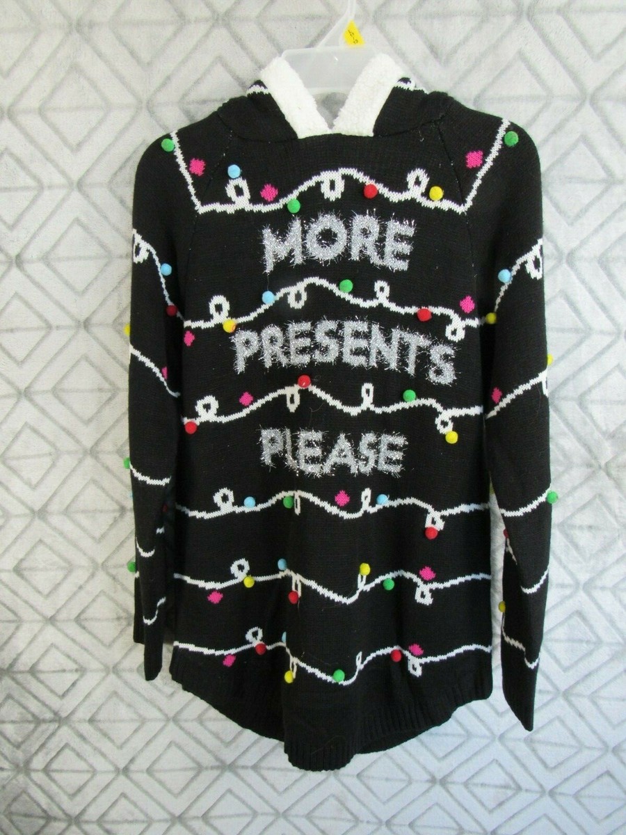 New No Boundaries Christmas Sweater Size L Juniors Black MORE PRESENTS  PLEASE