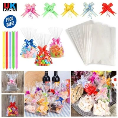 CELLOPHANE SWEET BAGS CLEAR CELLO DISPLAY GIFT KIDS PARTY TREAT COOKIE PULL BOWS