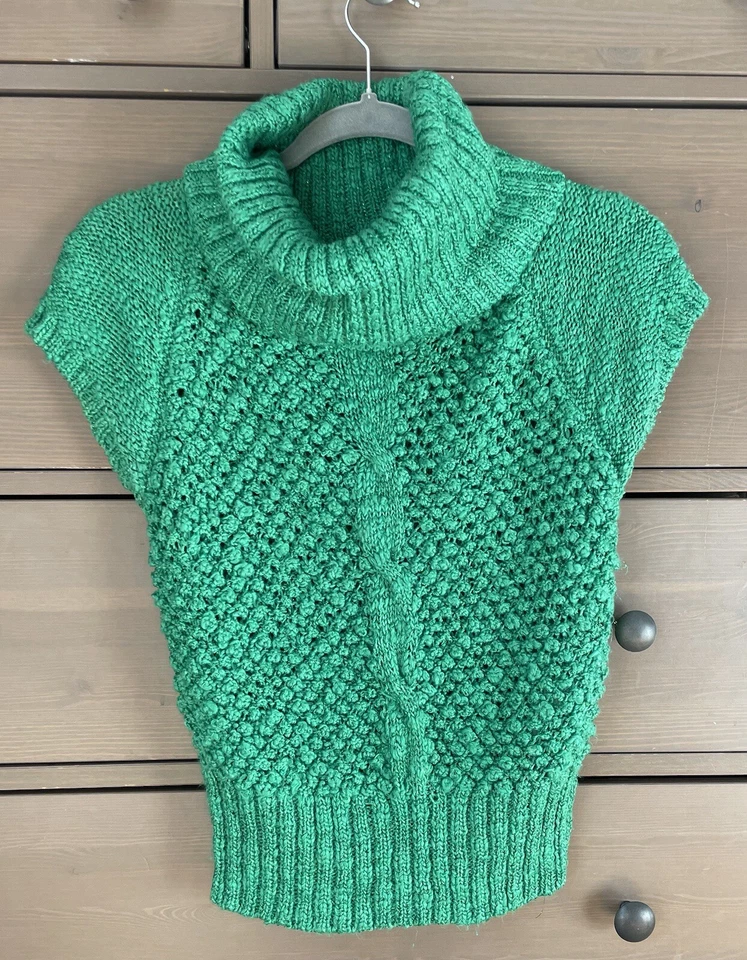 Vntg Y2K Bebe Chunky Cable Knit Cowl Neck Sweater Cap Sleeve Green Metallic Med - Image 2 of 4