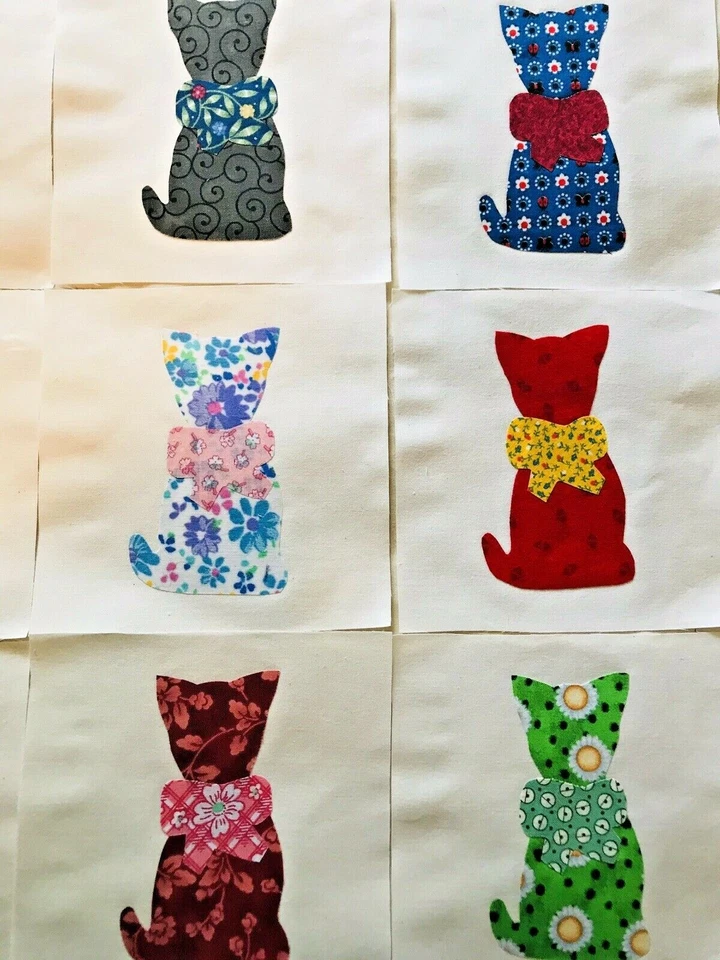 Lote de 9 apliques de tela de algodón bloques artesanales de colcha de 6" coloridos gatos con lazo Foto 3 de 3