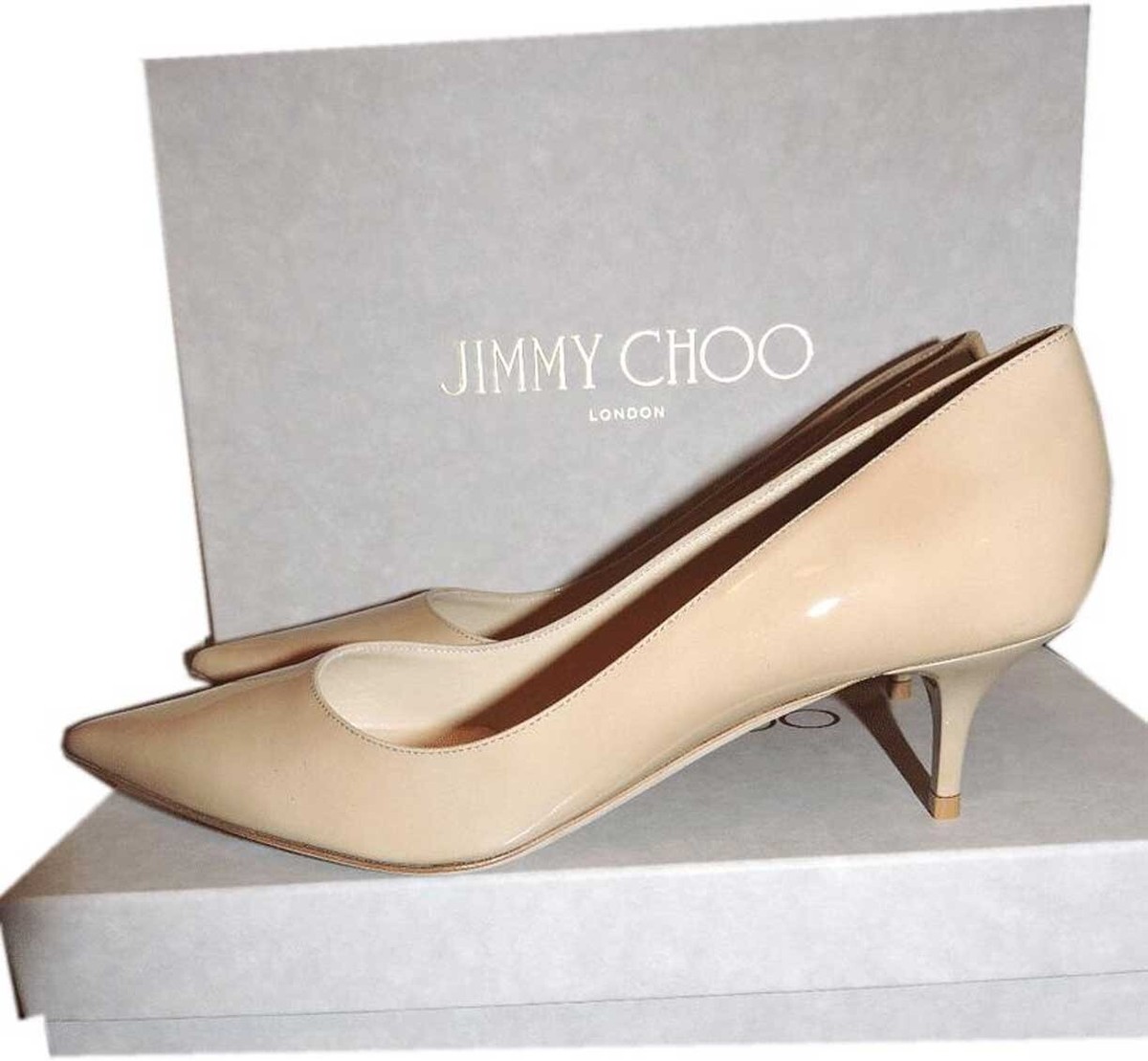 Jimmy Choo Pumps AZA Beige Patent Leather Pointy Toe Low Kitten