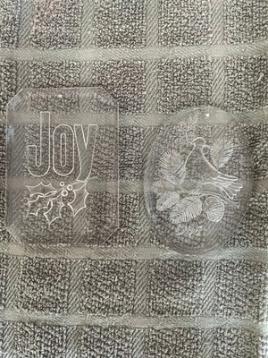 Set of 2 Vintage Clear Acrylic Ornaments Hanging 1986 Oval Dove & JOY Embossed