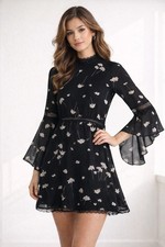 By Nicola Dress Size AU 6 Knee Length Black Floral Lace Long Sleeve Lined Work 