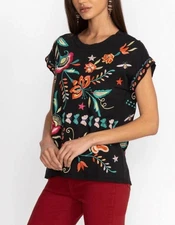 Johnny Was Averi Relaxed Tee Top Black Multicolor Floral Embroidered Sz L Artsy