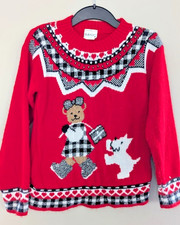 Vintage Basic Editions Girls Red Teddy Bear Acrylic Sweater Size XL
