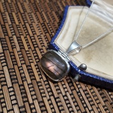 925 Sterling Silver Necklace, Pink Flash Labradorite Pendant, 18" Silver Chain 