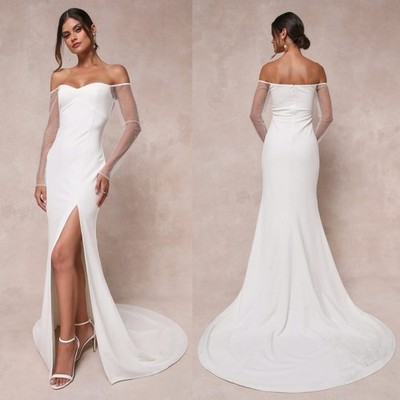 NWT Lulu s Eternally Beloved Mesh Off-the-Shoulder Pearl Maxi Wedding Dress