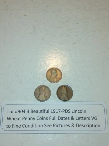 Lot #904 3 Beautiful Lincoln Wheats 1917-P 1917-D & 1917-S VG-F See Pictures