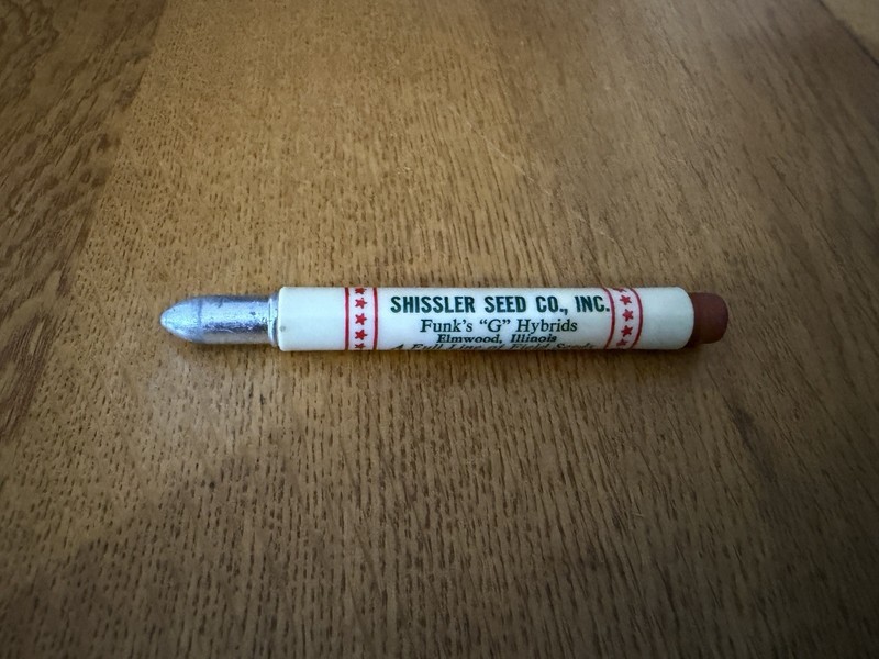 VINTAGE SHISSLER SEED CORN FUNK’S G HYBRIDS ELMWOOD IL ADVERTISING BULLET PENCIL