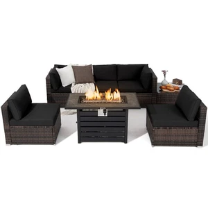 7PCS Patio Rattan Furniture Set 42" Fire Pit Table w/ Cover Cushioned