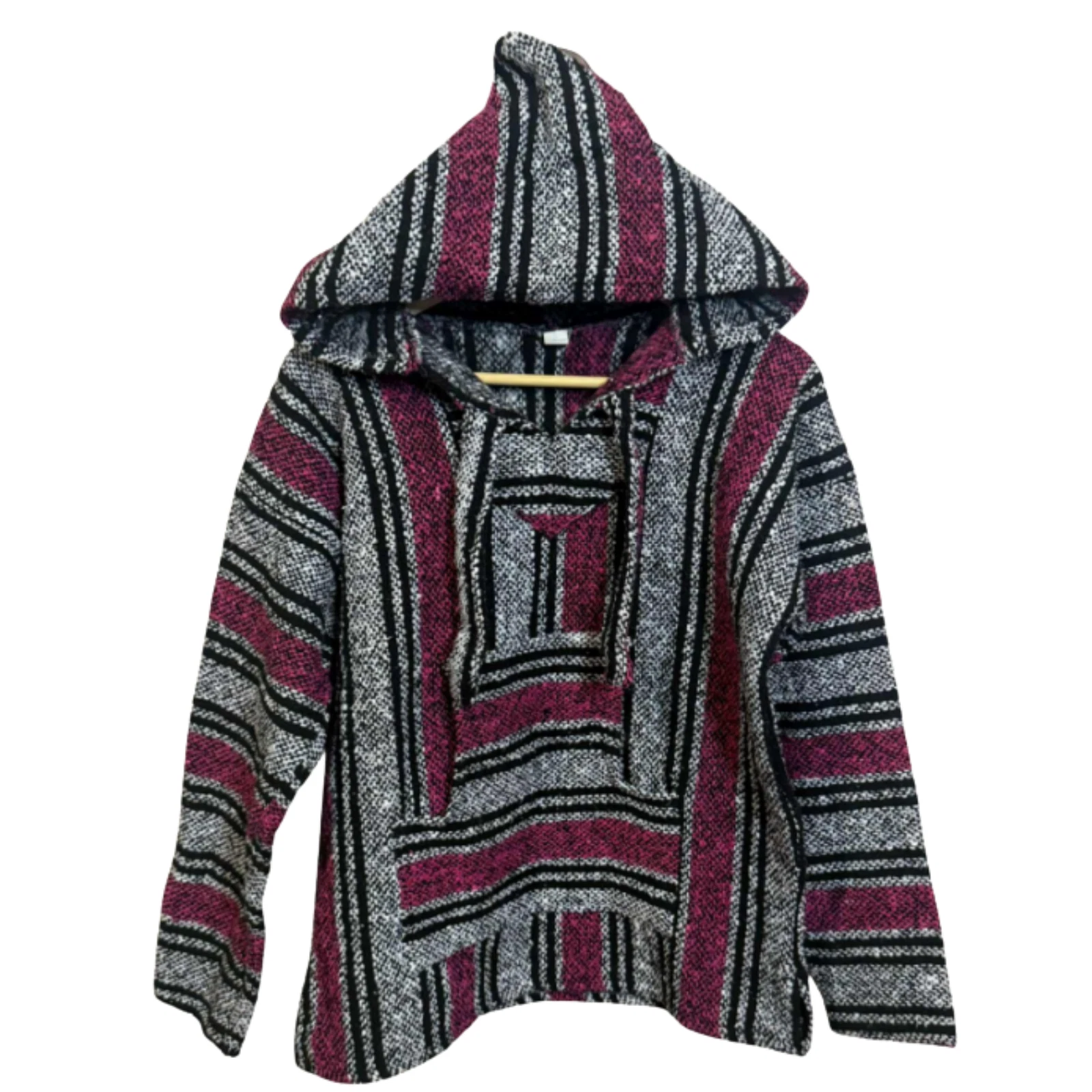 Baja Joe Mexican Hoodie Pullover Poncho Sz M Black Pink Gray Striped Boho Surf
Opens in a new window