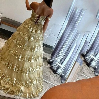 Puffy Gold Evening Dress Off Shoulder Sweetheart Layered Prom Dress  Appliques