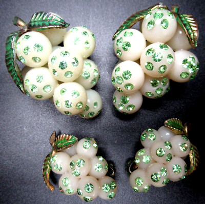 Forbidden Fruit Green Rhinestone Grape Cluster 2 Pins & Earrings Vintage Set