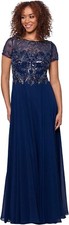 Xscape Women's Chiffon Beaded Top Short Sleeve Dress, Navy, 10