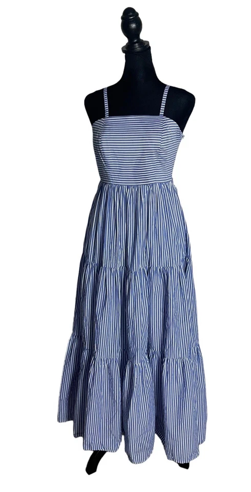 Maxi Vestido J Crew Garratt Azul Blanco Rayas Popelina En Niveles Algodón Volantes Talla 00 Foto 4 de 4