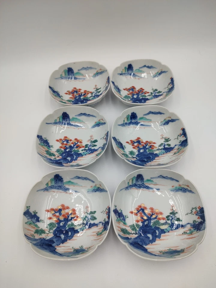 Antiguo Juego de 6 Cuencos de Porcelana Período Meiji Kakiemon Montaña Paisaje Japón  Foto 3 de 4