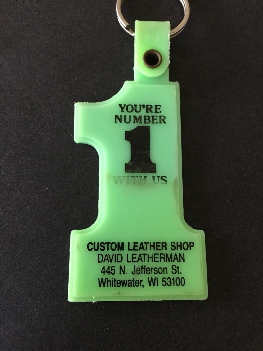 Vintage Keychain CUSTOM LEATHER SHOP Key Fob Ring David L. WHITEWATER WISCONSIN Vintage Keychain CUSTOM LEATHER SHOP Key Fob Ring David L. WHITEWATER WISCONSIN