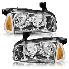 Pair Headlights For 2006-2010 Dodge Charger Chrome Amber Housing Headlamp 2pcs