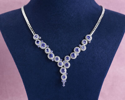 Halskette 9,9 kt violettblauer Tansanit & im Labor hergestellter Diamant - 14 kt Weißgold