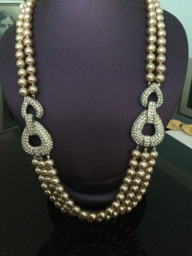 Nolan Miller Triple Strand Champagne Faux Pearl Necklace Rhinestone clasp DsVa