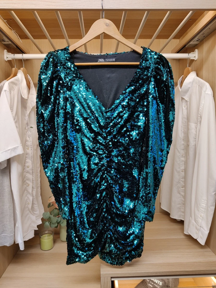 green emerald velvet dress Zara Women's Sequin Mini Dress NWT | M UK10-12