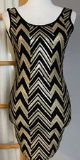 Y2K Wet Seal Sequined Bodycon Mini Dress S Black Gold Chevron Clubwear USA Made