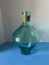 Aqua Blue Recycled Glass Vase HandBlown 11  Hx7  W Twine Rim Vintage 