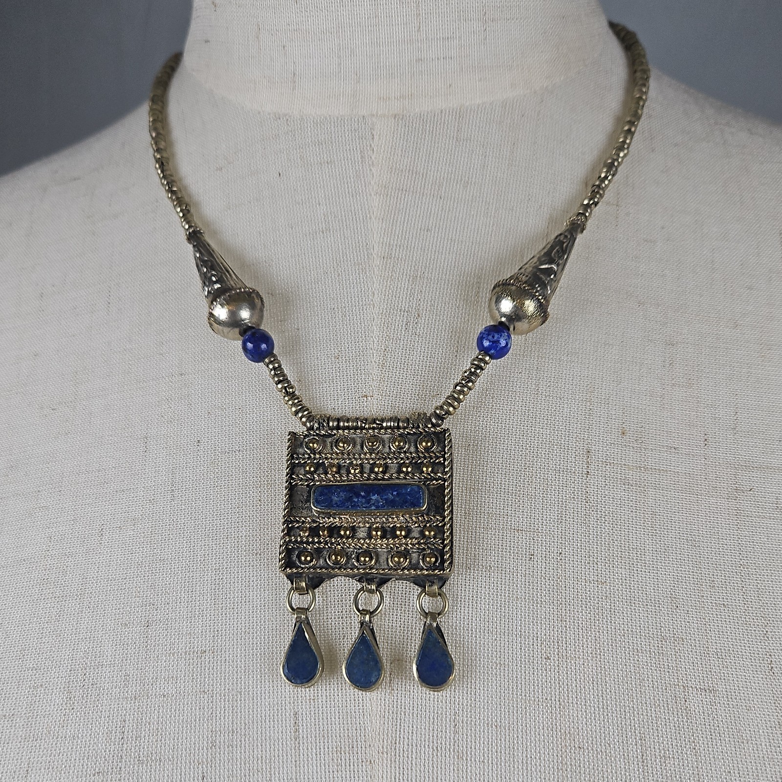 Ethnic Middle Eastern Silver Pendant Necklace wit… - image 1