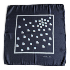 Vintage Christian Dior Silk Pocket Square Navy Blue Geometric Pattern France 50s