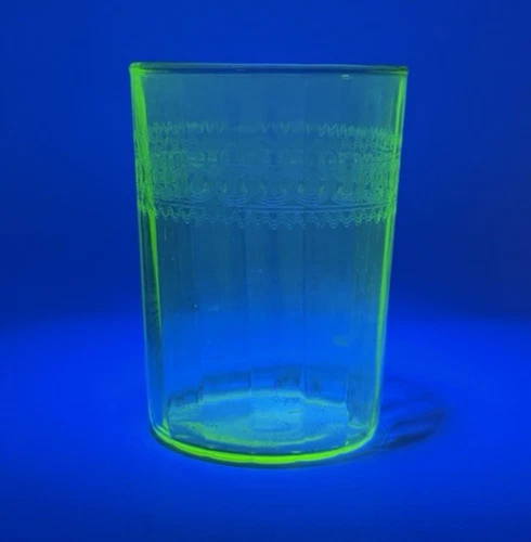 Vintage Depression Uranium Green Glass Etched Drinking Glass