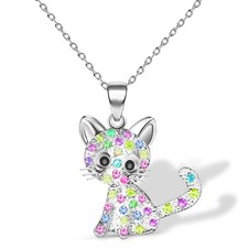 Cat Pendant Necklace for Girls Kids,Small Cute Kitty Rainbow Rhinestone Pendant