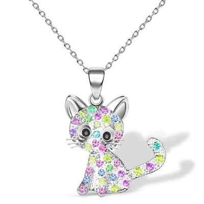 Katze Anhänger Halskette für Mädchen Kinder, kleine süße Katze Regenbogen Strass Anhänger