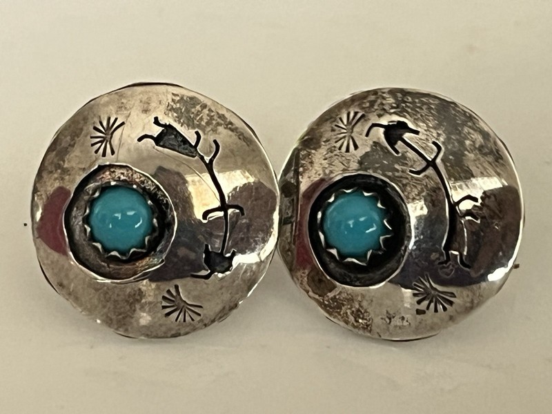 VTG Sterling Silver 925 NAVAJO Turquoise RARE Shadowbox Stamped Post Earrings 2g