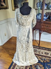 Antique Ca 1900's Belgian Tape Lace Evening Gown w/ Beading and Jewels, Labeled.