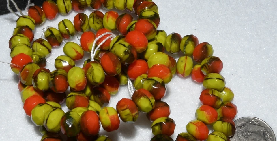 Czech Glass Rondelle 8x5mm Beads Gaspeite Green, Orange Opaque - 25 Beads - Image 3 of 4