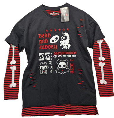 Skelanimals Stripe Bones Long-Sleeve Twofer Shirt Black Red Goth