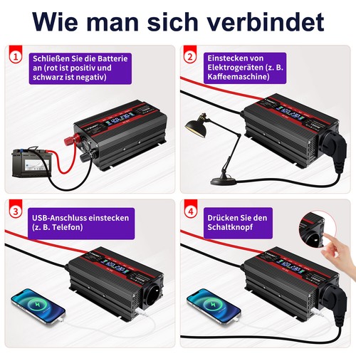 1500w Peak Spannungswandler 12v Auf 220v 230v Wechselrichter 2usb Lcd - Bild 4 von 8