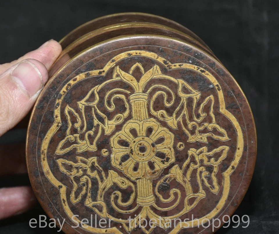 Estuche Joyero Antiguo Chino Bronce Púrpura 24K Oro Dorado Patrón Flor 3.8" Foto 4 de 4
